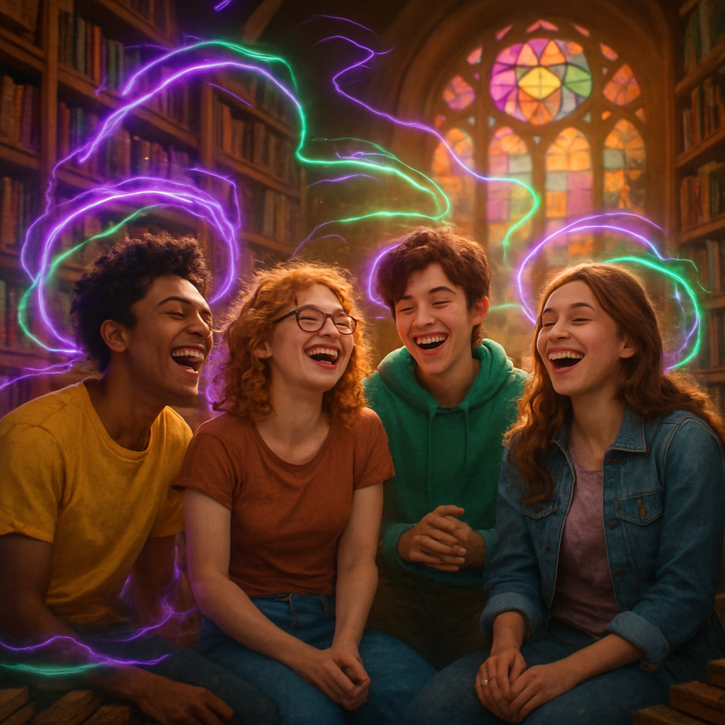 3dmodel In a surreal library landscape a group of young people bursts into laughter their joy illuminating the space Theyre surrounded by towering she