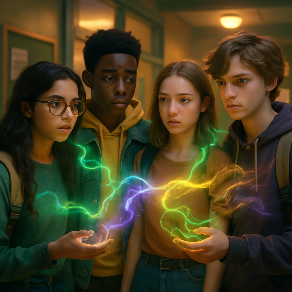 3dmodel In a vibrant high school setting a group of Gen Z friends stands together their expressions reflecting deep curiosity and shared knowledge ami