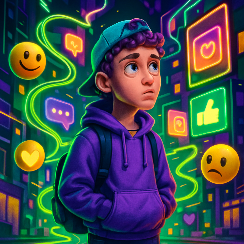 3dmodel In a vibrant urban landscape a Gen Z individual stands amidst swirling neon lights and digital screens their expression a mix of wonder and co